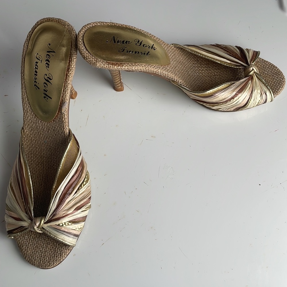 New York transit burlap heels natural fibers straw open toe neutral women size 6